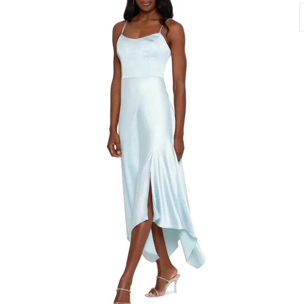 XSCAPE Handkerchief Hem Satin Spaghetti Strap Dress Gown Ice Blue Size 2
